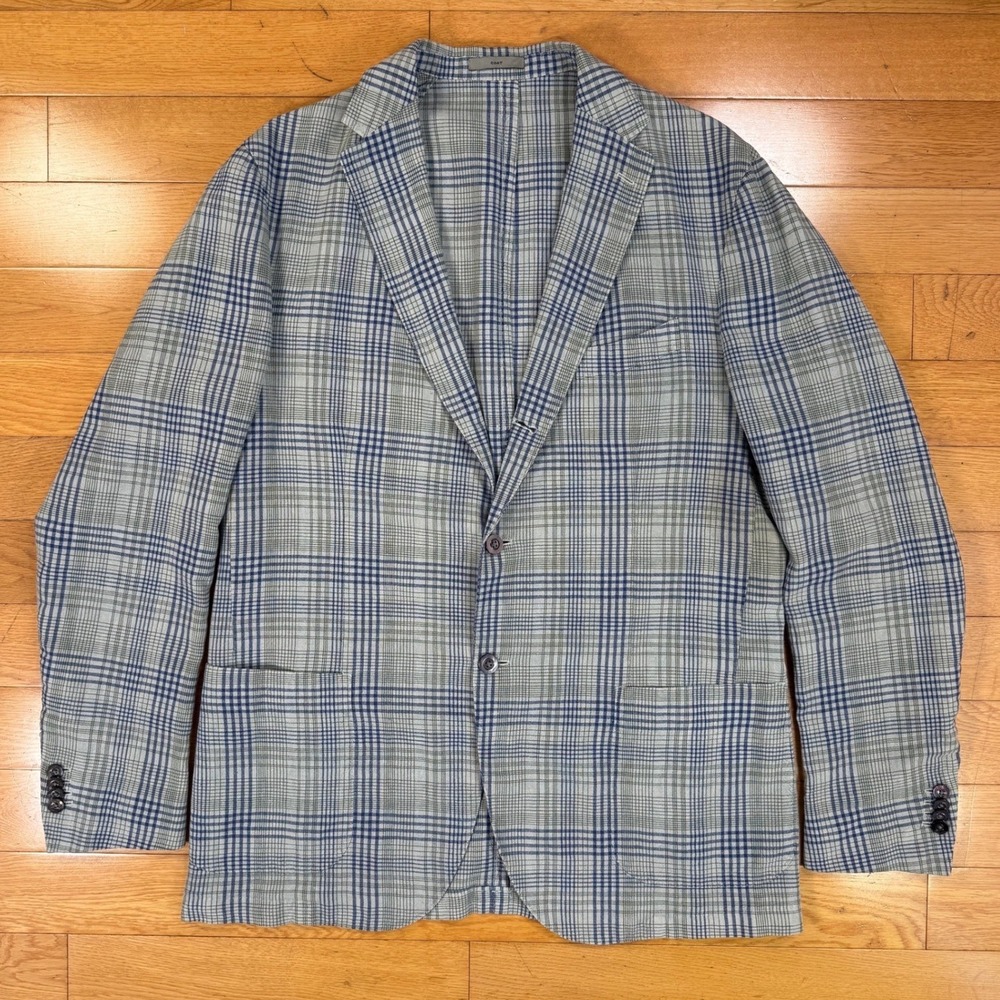Boglioli K-Jacket Mens 56 IT Blue Grey Plaid Linen Silk Cotton Blazer Italy